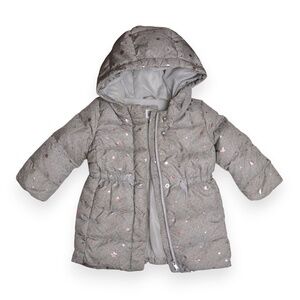 Baby GAP Infant Girls Grey Allover Rose Gold Star Hooded Puffer Coat Size 2T